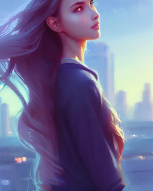 Image similar to portrait of a beautiful girl, flowy hair, full body, modern clothes, cinematic lighting, city background, highly detailed, digital painting, trending on artstation, pixiv, concept art, sharp focus, illustration, art by ross tran and wlop