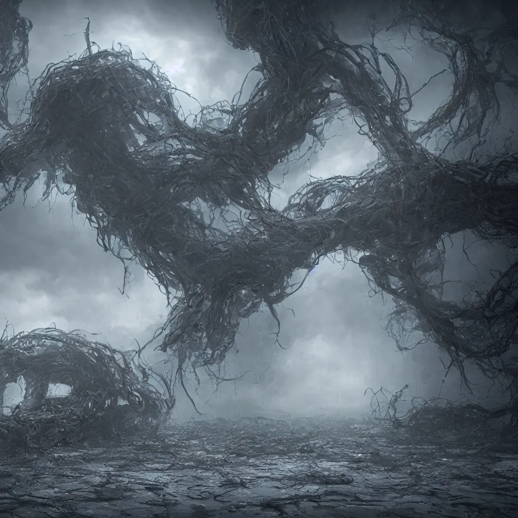 Image similar to daemon eyes observing all of existence from within the tendril-covered sanctums floating in the sky, volumetric lighting, unreal engine 5, harrowing apocalyptic atmosphere, photorealistic, unnerving, hyperdetailed 3d matte painting, hyperrealism, hyperrealistic, cinematic masterpiece, fantasy horror style 8k ultrahd octane render