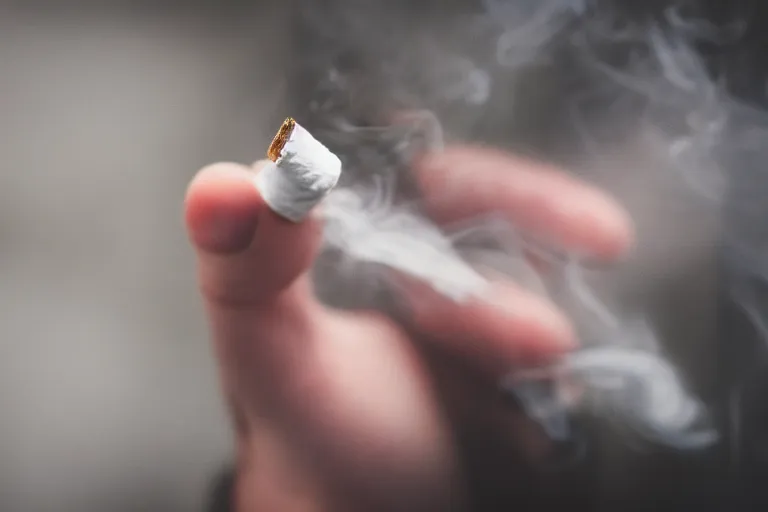 Image similar to Close-up of thin soft hand, cigarette with smoke, hand with five fingers, hyper realistic, high details, photo, super resolution