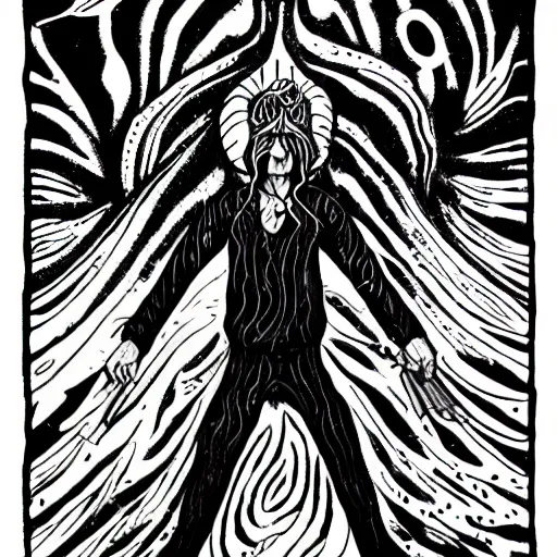 Image similar to black and white pen and ink!!!! Twin Peaks Black Lodge goetic George Harrison golden!!!! Vagabond!!!! floating magic swordsman!!!! glides through a beautiful!!!!!!! floral!! battlefield dramatic esoteric!!!!!! pen and ink!!!!! illustrated in high detail!!!!!!!! by Koyoharu Gotouge and Hiroya Oku!!!!!!!!! graphic novel published on 2049 award winning!!!! full body portrait!!!!! action exposition manga panel black and white Shonen Jump issue by David Lynch eraserhead and Frank Miller beautiful line art Hirohiko Araki