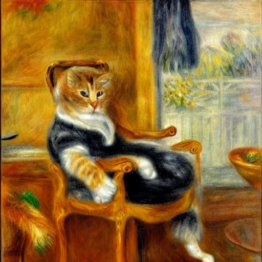 Image similar to a golden cat sitting on a throne in a modern kitchen in the style of renoir,