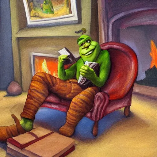 Prompt: skinny Shrek with brown hair sitting by the fireplace, reading a book, drinking tea, in a comfortable chair, cozy atmosphere, home, warm hues, oil painting, realistic