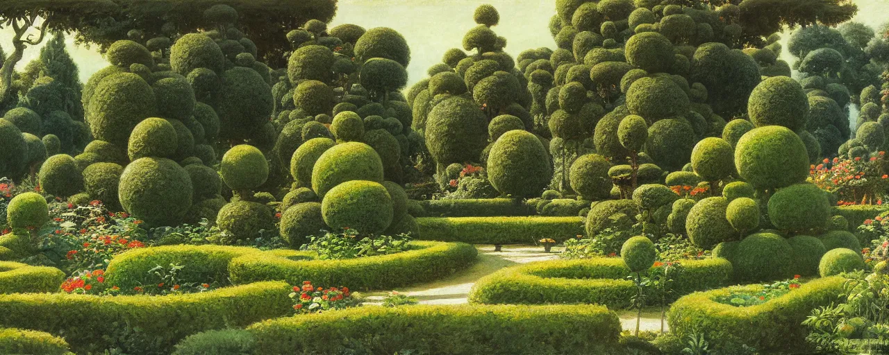Prompt: ghibli illustrated background of a topiary garden by eugene von guerard, ivan shishkin, john singer sargent