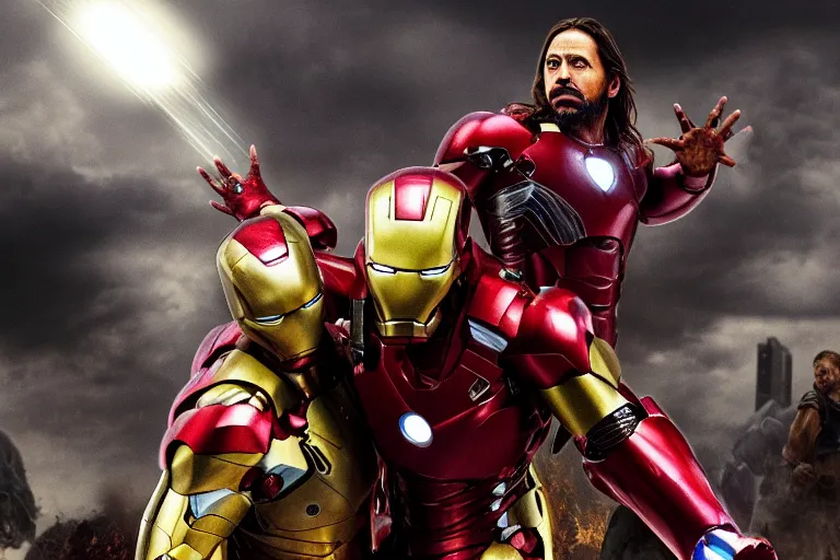 Image similar to full shot photograph of jesus christ being carried by iron man on doomsday, photorealistic, cinematic lighting, extremely detailed, marvel cinematic universe