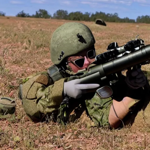 Image similar to a rare military frog equipped with rocket launcher and night vision target acquisition system, photo from us marines training exercise