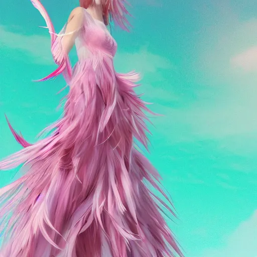 Prompt: girl with an eccentric pink haircut wearing an long dress made of feathers, full character, realistic art work, cgi, anime, 8 k, ultra hd, sketch anime