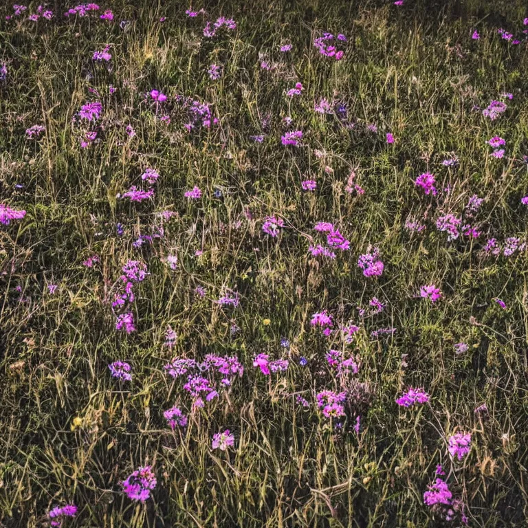 Image similar to dark illustration of abandoned skeleton bones in a meadow of flowers