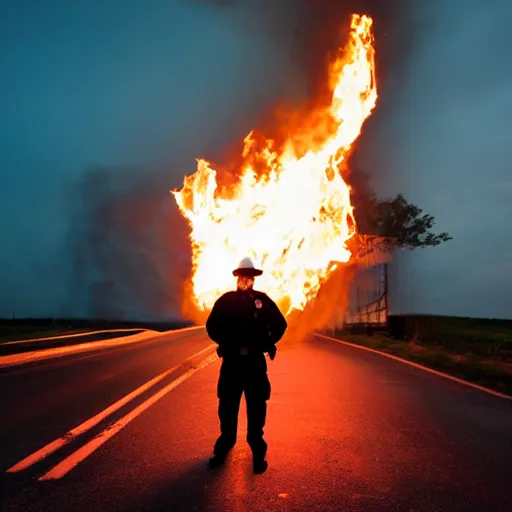 Image similar to burning head cop, centered, at night, mid shot, editorial photography