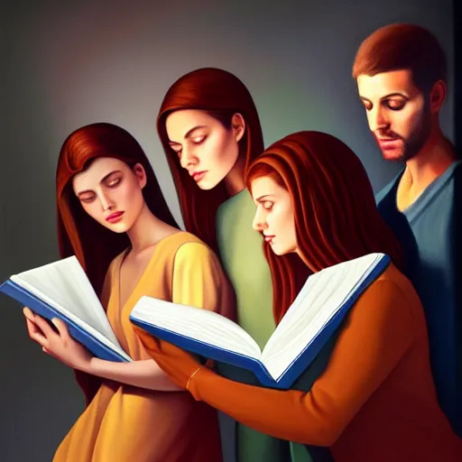 Prompt: hyperrealistic painting of a beautiful young woman holding a book while a woman and three men peep into the book from behind, detailed digital art, trending on artstation