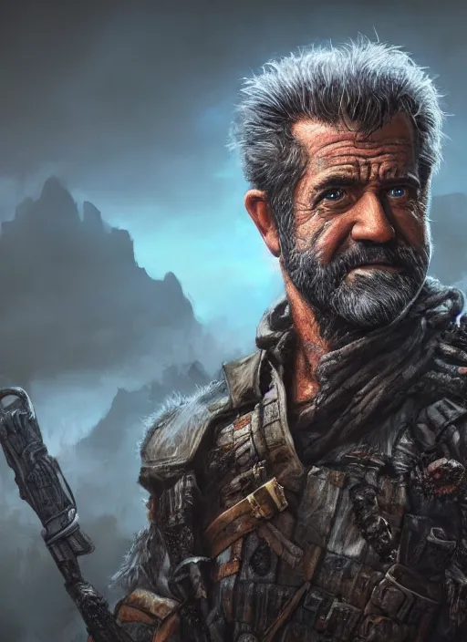 Image similar to A fantasy comic book style portrait painting of Mel Gibson as a grim survivalist warrior in a dark post apocalyptic landscape, unreal 5, DAZ, hyperrealistic, octane render, RPG portrait, ambient light, dynamic lighting