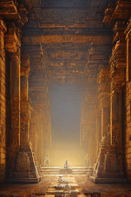 Image similar to inside a majestic aztec temple made of gold, intricate, elegant, volumetric lighting, digital painting, highly detailed, artstation, sharp focus, illustration, concept art, ruan jia, steve mccurry