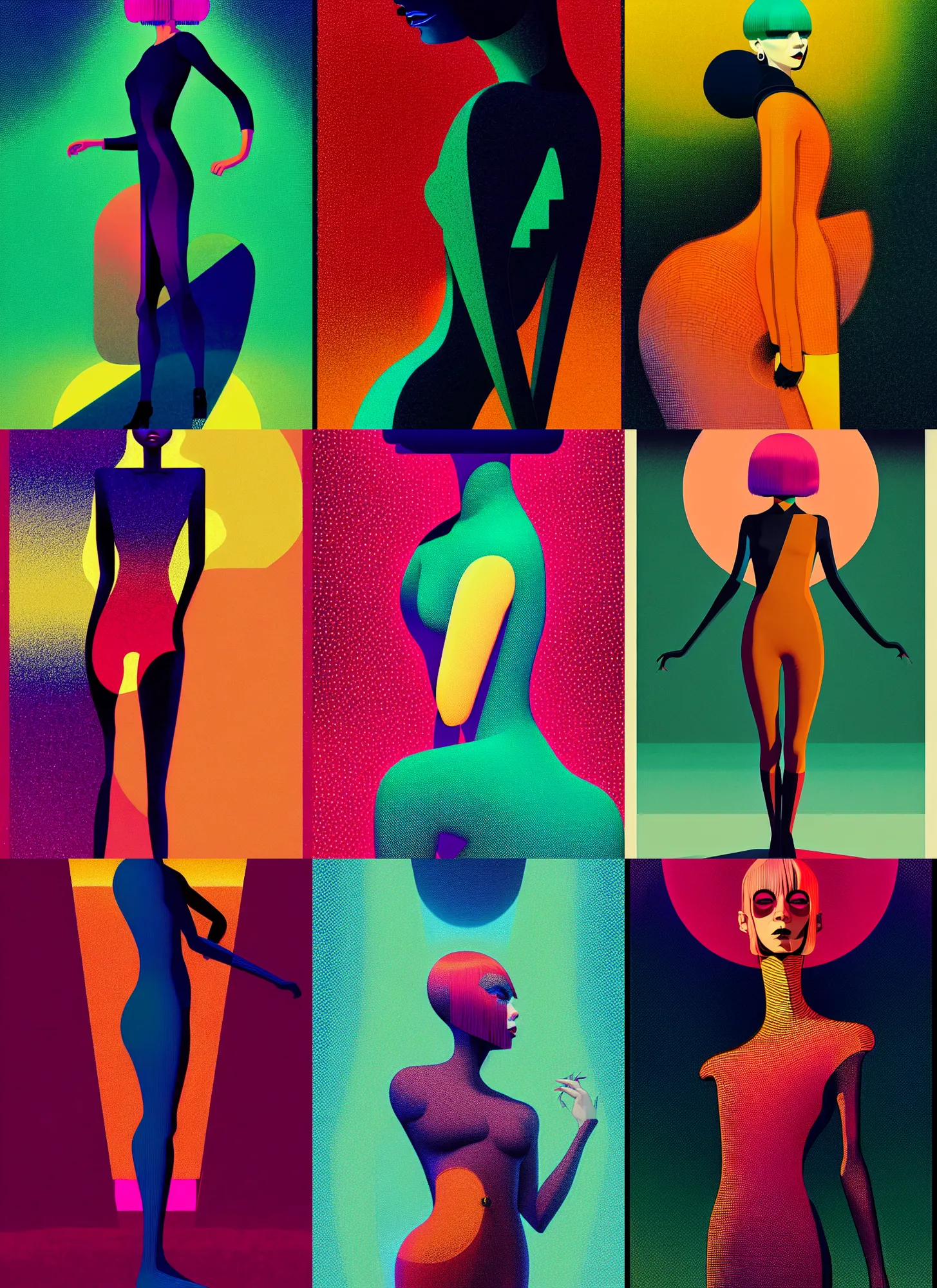 Prompt: ( ( dither ) ), editorial illustration full body portrait of reol posing, dynamic pose, modern art deco, colorful, ( ( mads berg ) ), christopher balaskas, victo ngai, rich grainy texture, detailed, dynamic composition, wide angle, moebius, matte print, gustav klimt