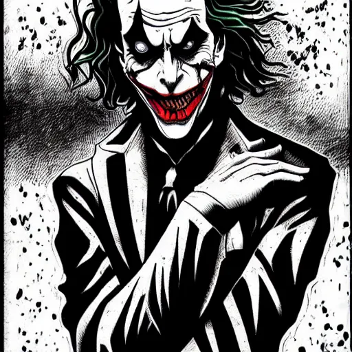 Prompt: The Joker portrait in the style of Junji Ito. Manga. Black and white. Gothic. Horror. Extremely detailed. 4K.