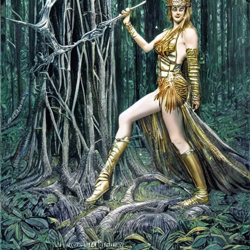 Image similar to keira knigjtley as amazon queen, in a metal forest, shadows, art by michael whelan