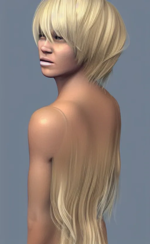 Prompt: beautiful blond hairstyle, pinterest hair picture, back of the hair, photograph, 3d render, highly realistic, concept art, highly detailed, full frame, no cut off of hair