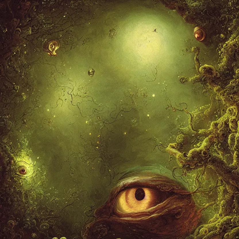 Image similar to a close - up rococo portrait of an alien. giant glowing eyes. surrounded by moss, mushrooms, and swamp, 1 8 th century painting by jean - honore fragonard and moebius. fireflies, night time. gloomy blue green environment, blurry organic dark background. sci - fi fantasy renaissance masterpiece. artstation