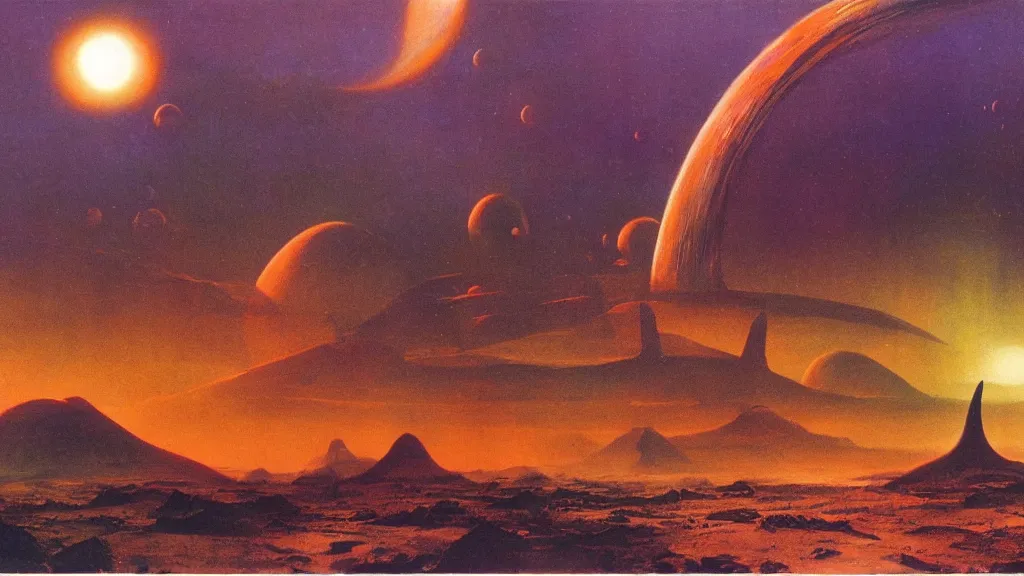 Prompt: strange otherworldly atmospherics of an alien planet by arthur haas and bruce pennington and paul lehr, cinematic matte painting