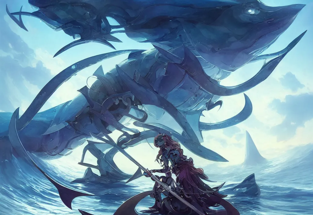 Image similar to close up of a extremely beautiful and aesthetic mech armor witch holding a symmetrical trident, perfect face, symmetrical eyes, back shark fin, horizon, model pose, slightly smiling, blue sky, big wave, big blade whale fighting against big giants minotaurus, epic scene, bright color fantasy illustrations, by peter mohrbacher and makoto shinkai and ferdinand knab