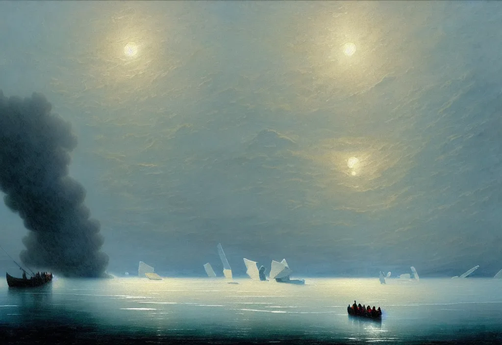 Prompt: acrylic painting of icebreakers sailing across the vast ice sheet, by caspar david friedrich and greg rutkowski, epic, serene, cold colors, ocean, fog, infinite