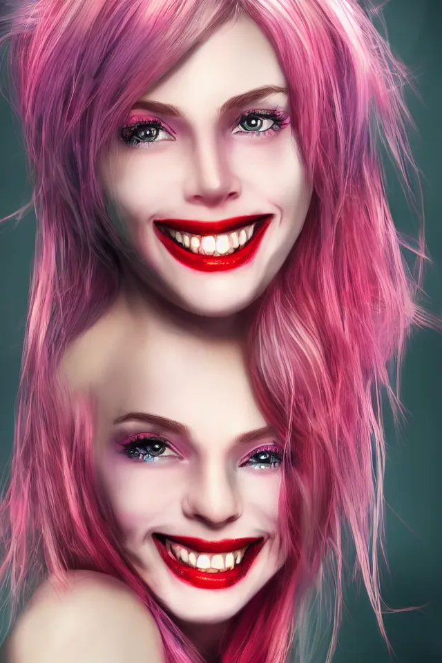 Prompt: ultra realistic portrait of a hot witch , colorful hair, pink lips, gorgeous smile, stunning, hottest, 8K resolution, deviantart,