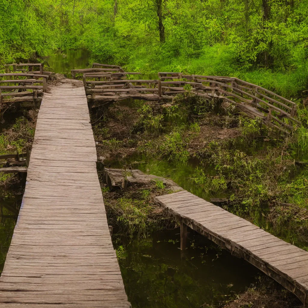 Image similar to old wooden bridge to small very polluted pond, scary, ambient, smoking, shocking, very detailed, 4 k, professional photography