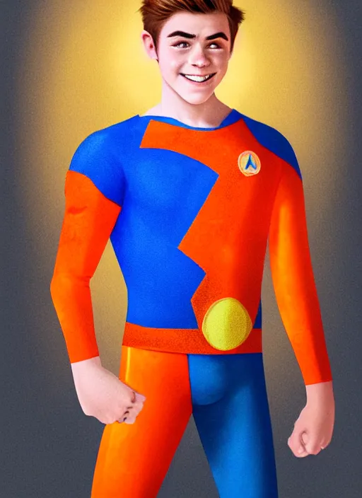 Image similar to friendly teenage archie andrews wearing an orange superhero costume with heart logo, heart, orange costume, blue cape, freckles, cape, heart emblem on chest, heart, blue cape, intricate, elegant, glowing lights, highly detailed, digital painting, artstation, sharp focus, illustration, art by wlop, mars ravelo and greg rutkowski