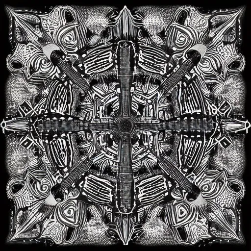 Image similar to Down with my demons black paper, an intricate old fashioned depiction, elaborate ink illustration, symmetry