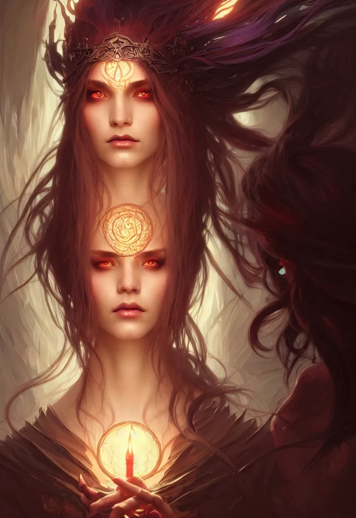 Image similar to Necromancer Sorceress face in center, fantasy magic, undercut hairstyle, dark light night, intricate, elegant, sharp focus, illustration, highly detailed, digital painting, concept art, matte, art by WLOP and Artgerm and Greg Rutkowski and Alphonse Mucha, masterpiece