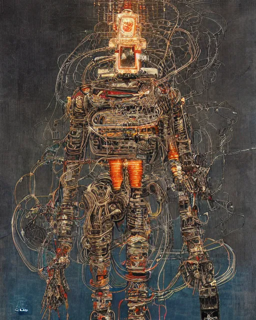 Image similar to Kuniyoshi portrait of a robot saint made of cables and robotic pod by greg rutkowski