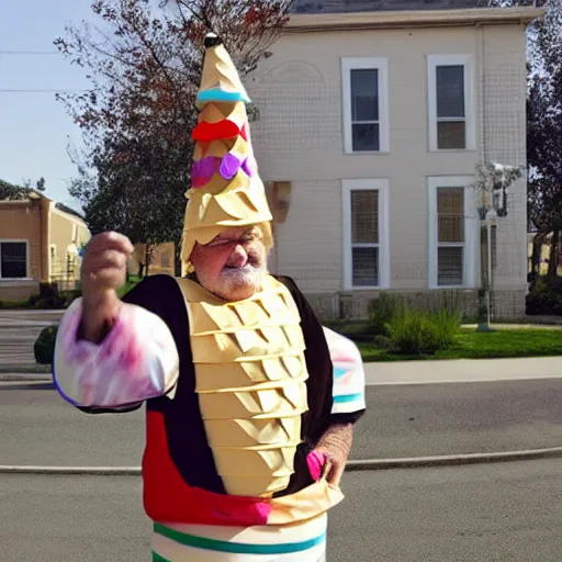 Prompt: a photograph of an old man wearing an elaborate ice cream cone costume