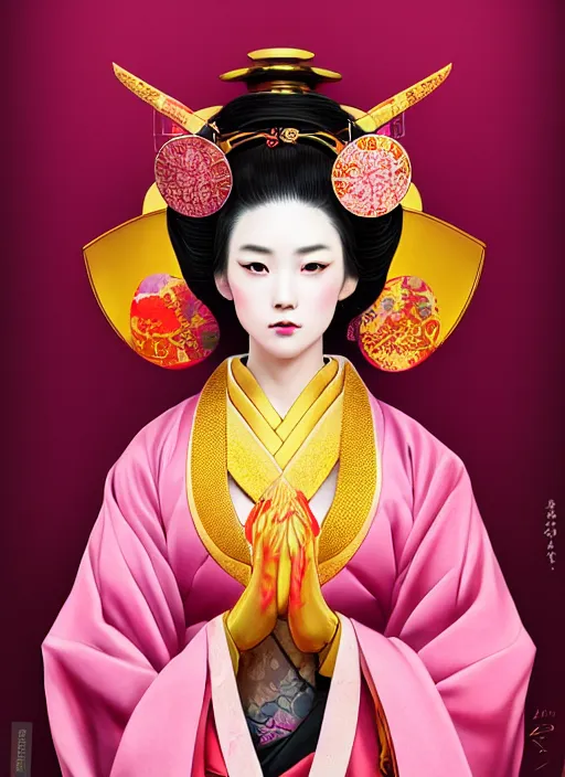 Image similar to dreamlike luxury stunning oiran portrait, pink and gold kimono, art by artgerm, wlop, loish, ilya kuvshinov, 8 k realistic, hyperdetailed, beautiful lighting, detailed background, depth of field, symmetrical face, frostbite 3 engine, cryengine,