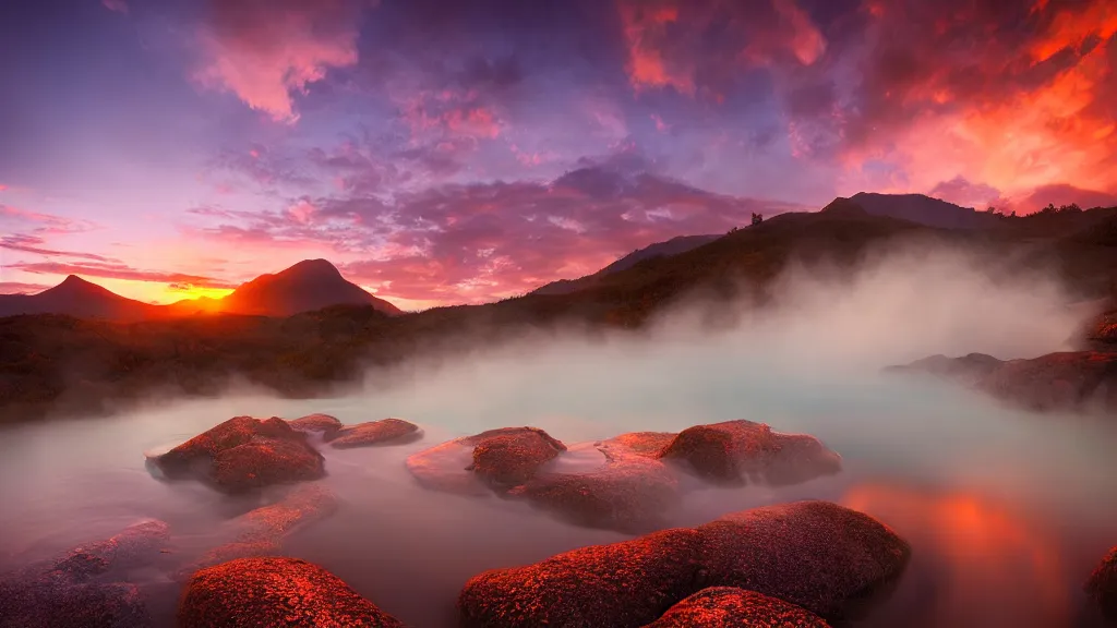 Image similar to amazing landscape photo of hot springs in sunset by marc adamus, beautiful dramatic lighting