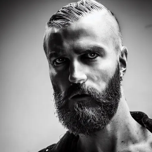 Prompt: bust portrait of handsome proud man with short black hair with a touch of grey hair, viking very short full beard warrior, cyberpunk, fashion editorial photography, waist up, low angle