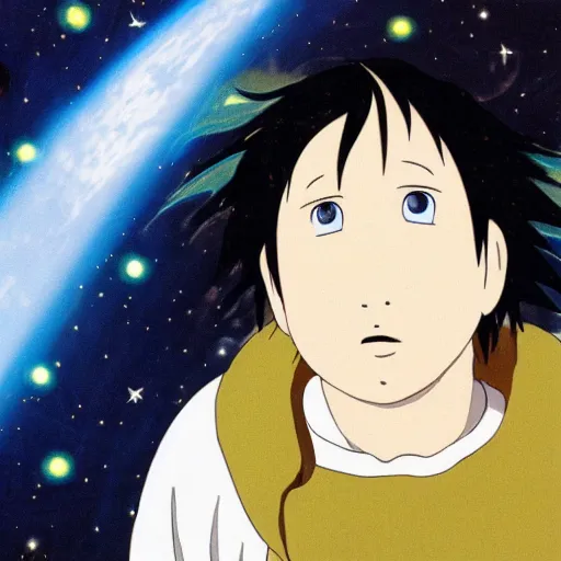 Image similar to Spirited away dark blonde guy with blue eyes in space