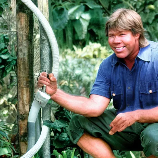 Prompt: Steve Irwin captures a garden hose