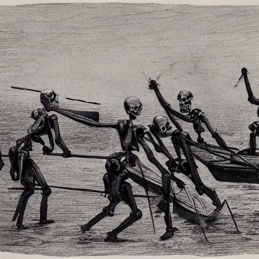 Prompt: action scene : an army of skeletons rising from the warter, climbiong on top of a rowing boat on which two suited gentleman stand. one of the gentleman raises his arm, channeling a blinging light, by alfred stevens, charcoal