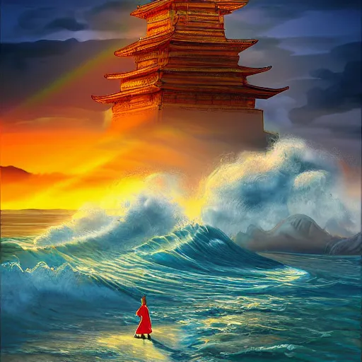 Image similar to a digital painting of a deserted seaside coast temple in tibet, sunrise, waves, kites, storm in the background, fantasy art, art by daarken, wayne reynolds, chuck luckacs, lars grant-west