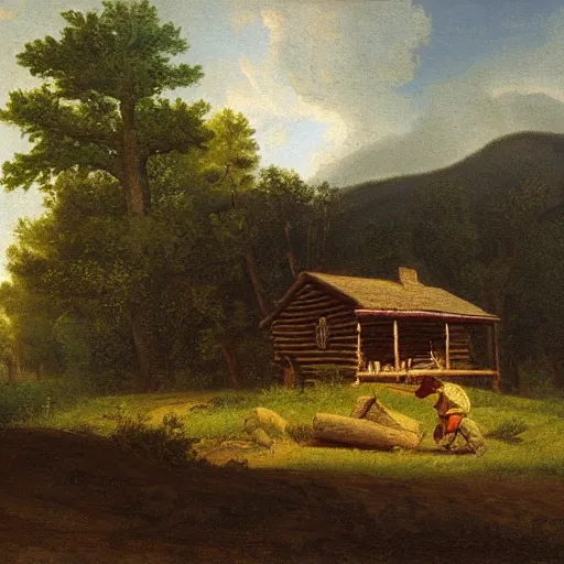 Image similar to Woodcutter Cabin in 1750,viewed by Thoreau, in the style of the Hudson River School