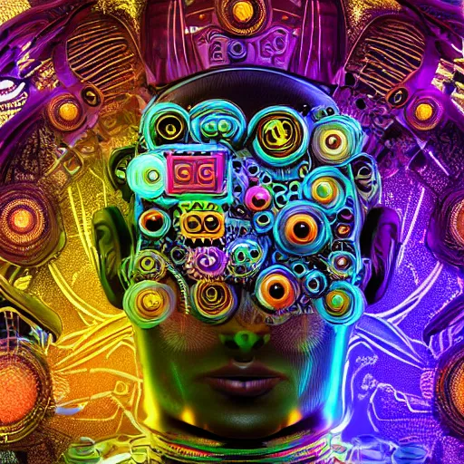 Image similar to hyperdetailed portrait of a psychedelic steampunk robot head, covered in colorful glowing holy geometry lotus flowers and tubes, eyes shoot multicolored laserbeams, 8 k, symetrical, halluzinogenic, meditative, black background