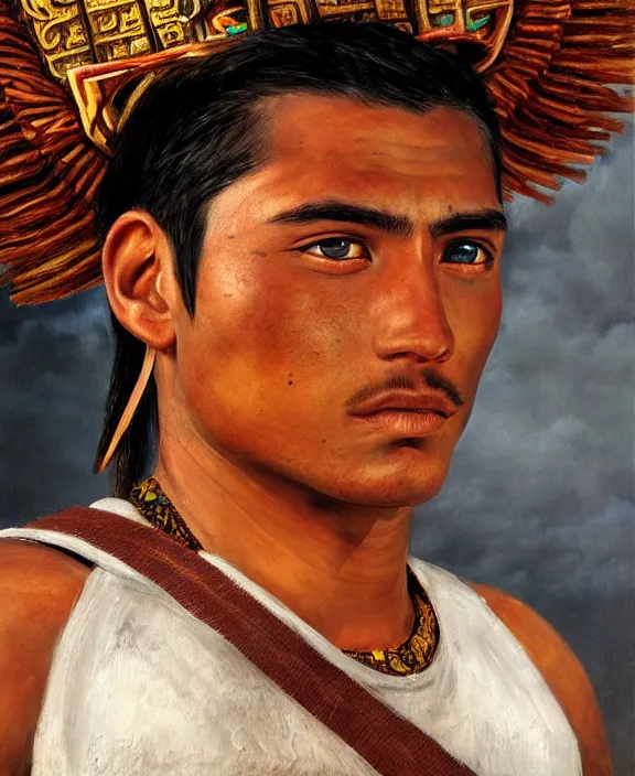 Image similar to portrait of a handsome young mayan warrior in yucatan, art by denys tsiperko and franz xaver kosler and bogdan rezunenko, hyperrealism