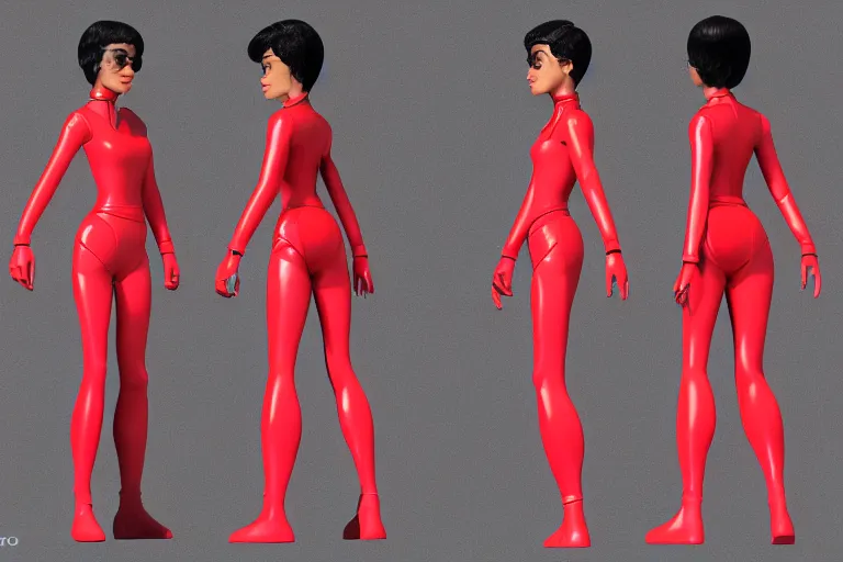 Prompt: 3d model sheet tpose turnaround of a cute sensual female sci fi character with black hair and red retrofuturistic space outfit with stylized pixar mom extreme proportions