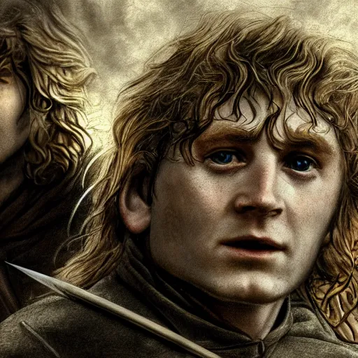 Image similar to close up pencil sketch of middle earth and hobbits ,digital art, high detail, hyper realistic,