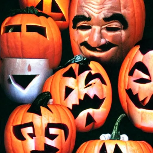 Image similar to six sean connery heads stacked like jack - o - lanterns