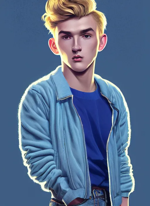 Image similar to portrait of a high school senior boy named moose mason, blonde short hair, jock, beefy, square jaw, square facial structure, 1 9 5 0 s, blue varsity jacket, intricate, elegant, glowing lights, highly detailed, digital painting, artstation, concept art, smooth, sharp focus, illustration, art by wlop, mars ravelo and greg rutkowski