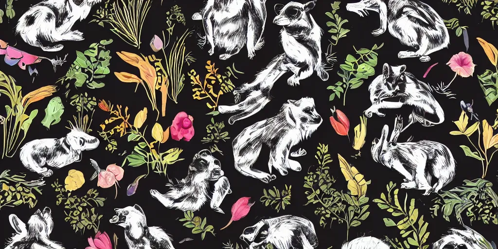 Image similar to cute animals and plants on a black background, wallpaper, Illustration, Anatomical Drawing, Painting