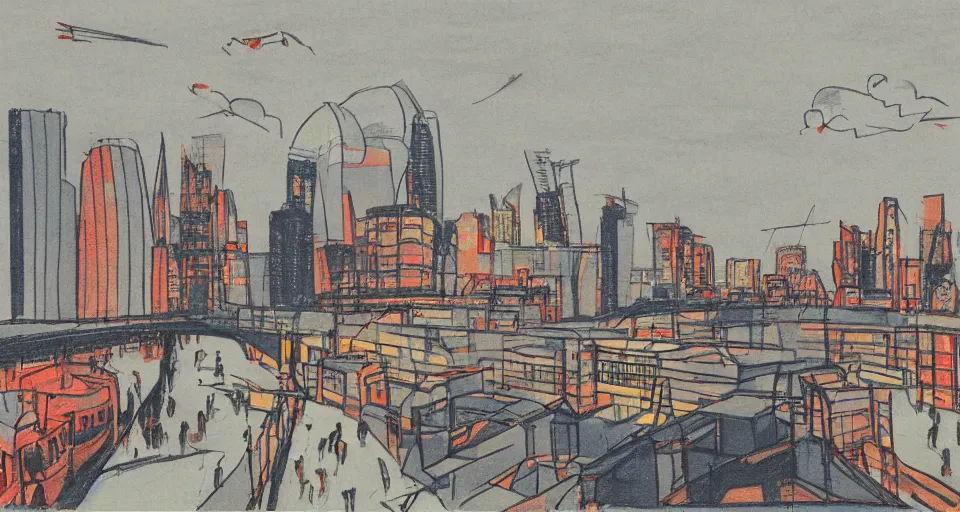 Image similar to color sketch of the london skyline, highly detailed, dramatic lighting, intense shadows, rich deep colours, by feng zikai yun shouping