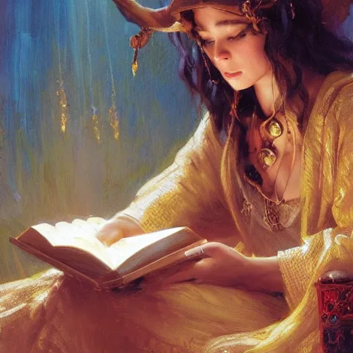 Prompt: stunning female master wizard having magical book, highly detailed painting by gaston bussiere, craig mullins, j. c. leyendecker, 8 k