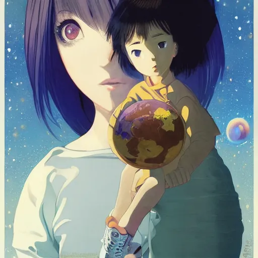 Image similar to A cosmic girl with big and cute eyes, holding the earth || VERY ANIME, fine-face, realistic shaded perfect face, fine details. Anime. realistic shaded lighting poster by Ilya Kuvshinov katsuhiro otomo ghost-in-the-shell, magali villeneuve, artgerm, Jeremy Lipkin and Michael Garmash, Rob Rey and Kentarõ Miura style, trending on art station