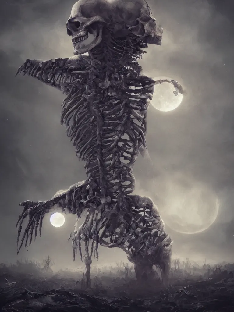 Prompt: a very large and scary skeleton with soft and luminous colors dances in an apocalyptic landscape with vapor and smoke under the moon in twilight, darkart, hyperdetailed, hyperealistic, cinematography, 8k,Artstation, Deviantart, beautiful