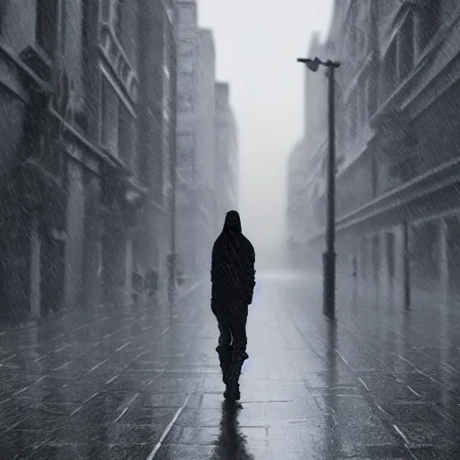 Image similar to a hooded man facing backwards in a tense rain, cinematic, cut-scene, ps5